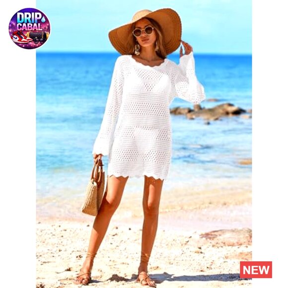 Crochet Mesh Knit Swimsuit Cover Up Long Sleeve Beach Dress - Picture 6 of 7